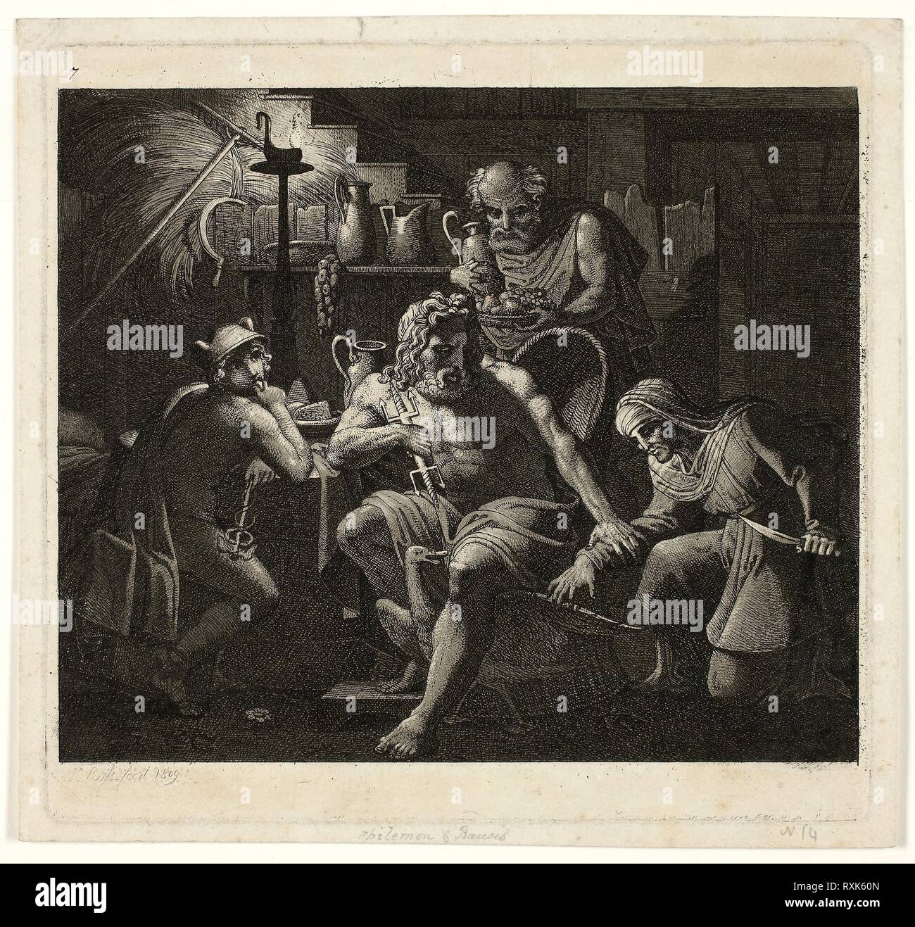 Jupiter Besuche mit Philemon und Bacchus. Carl Russ; Österreichische, 1779-1843. Datum: 1809. Abmessungen: 174 x 185 mm (Platte); 186 × 198 mm (Blatt). Radierung und Aquatinta auf Tan webte Papier. Herkunft: Österreich. Museum: Das Chicago Art Institute. Stockfoto