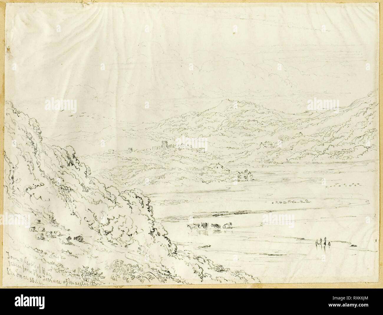 Stadt und Schloss von Heu. Joseph Murray Ince; Englisch, 1806-1859. Datum: 1844. Abmessungen: 164 × 216 mm. Graphit auf Elfenbein webte Papier, legte sich auf Tan webte Papier. Herkunft: England. Museum: Das Chicago Art Institute. Stockfoto