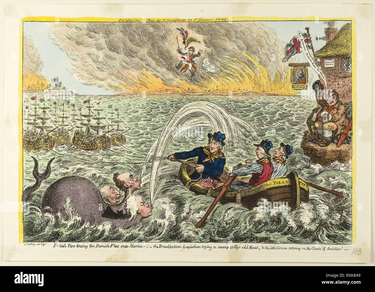 Britische Tars, schleppen die dänische Flotte in den Hafen. James Gillray (Englisch, 1756-1815); von Hannah Humphrey (Englisch, c. veröffentlicht. 1745-1818). Datum: 1807. Abmessungen: 230 × 340 mm (Bild); 248 × 350 mm (Platte); 270 × 380 mm (Blatt). Handcolorierte Radierung auf Papier. Herkunft: England. Museum: Das Chicago Art Institute. Stockfoto