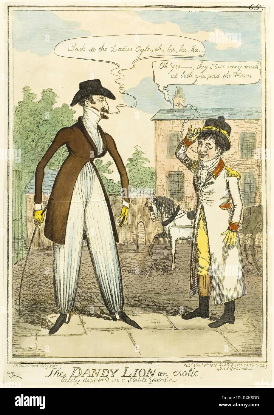 Der Dandy Lion eine exotische kürzlich entdeckt in einem stabilen Hof. Robert Isaac Cruikshank (Englisch, 1789-1856); durch S.W. veröffentlicht. Fores (Englisch, 1761-1838). Datum: 1818. Abmessungen: 315 × 227 mm (Bild); 337 × 237 (Blatt, innerhalb der Platte Mark). Handcolorierte Radierung auf Papier. Herkunft: England. Museum: Das Chicago Art Institute. Stockfoto