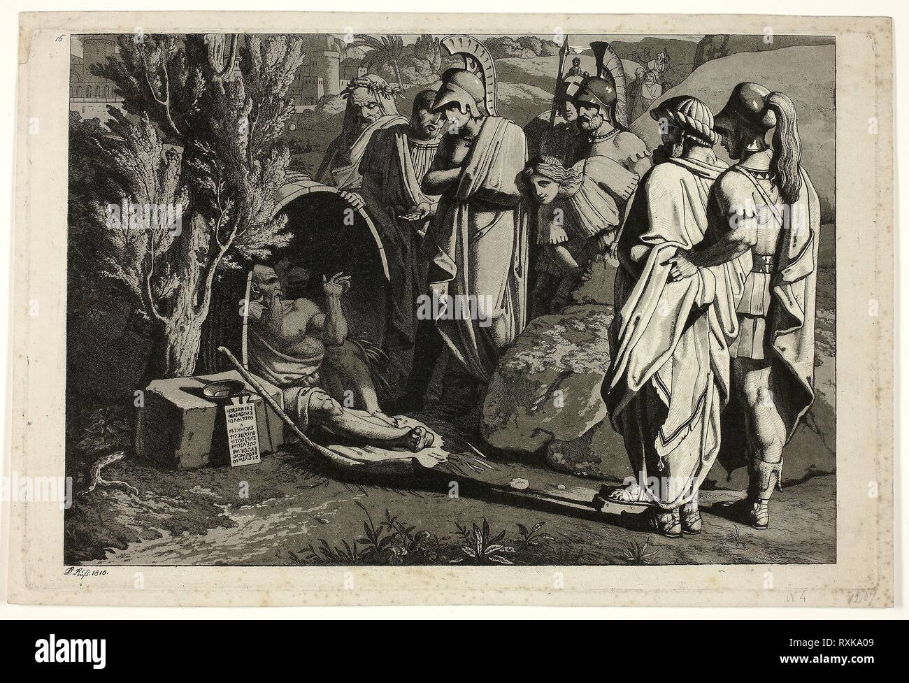 Diogenes in seiner Wanne mit Alexande und seine Generäle. Carl Russ; Österreichische, 1779-1843. Datum: 1810. Abmessungen: 220 x 335 mm (Platte); 233 × 347 mm (Blatt). Radierung und Aquatinta in Schwarz auf Elfenbein Bütten. Herkunft: Österreich. Museum: Das Chicago Art Institute. Stockfoto