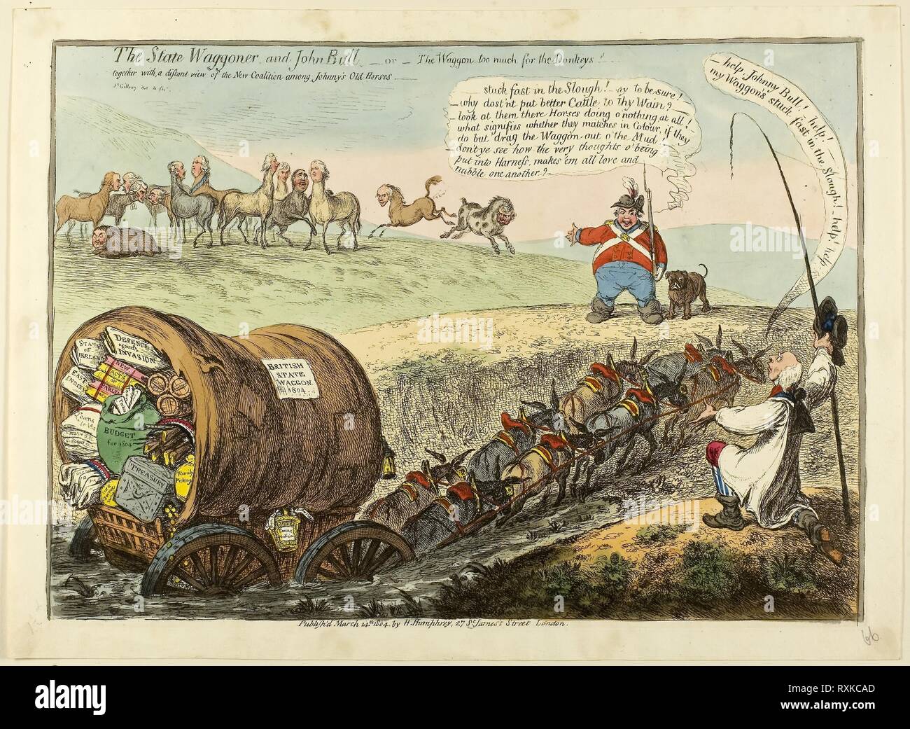 Der Staat Wagoner und John Bull. James Gillray (British, 1756-1815); von Hannah Humphrey (Englisch, c. veröffentlicht. 1745-1818). Datum: 1804. Abmessungen: . Radierung, mit hand-Färbung, auf Papier. Herkunft: England. Museum: Das Chicago Art Institute. Stockfoto