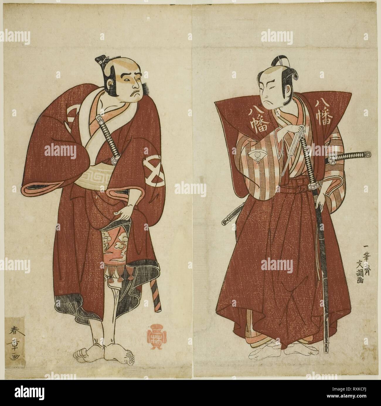 Die Schauspieler Onoe Matsusuke ich als Yawata keine Saburo (rechts), und Otani Tomoemon ich als Yakko Emohei (links), im Spiel - Myoto giku Izu keine Kisewata, durchgeführt an der Ichimura Theater im elften Monat, 1770. Shunsho Katsukawa; Japanisch, 1726-1792; Ippitsusai Buncho; Japanisch, Aktive c. 1755-90. Datum: 1767-1777. Abmessungen: 27,8 x 13,8 cm (10 15/16 x 5 7/16 in.) (getrimmte) (rechts); 27,8 x 14 cm (10 15/16 x 5 1/2 in.) (getrimmte) (links). Farbe holzschnitt; Diptychon; Illustrationen aus der späteren Ausgabe des Buches Ehon Butai Ogi. Herkunft: Japan. Museum: Das Chicago Art Institute. Stockfoto