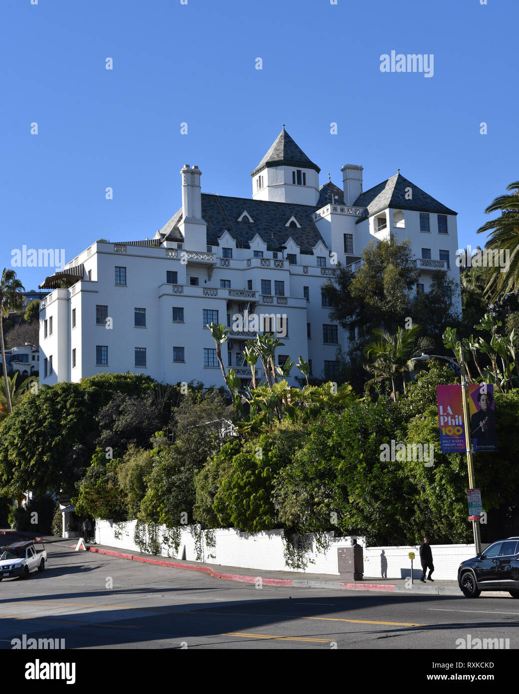 Das Chateau Marmont Hotel am Neujahrstag, einem berühmten LA Wahrzeichen, wo Touristen gehen Berühmtheiten zu erkennen Stockfoto