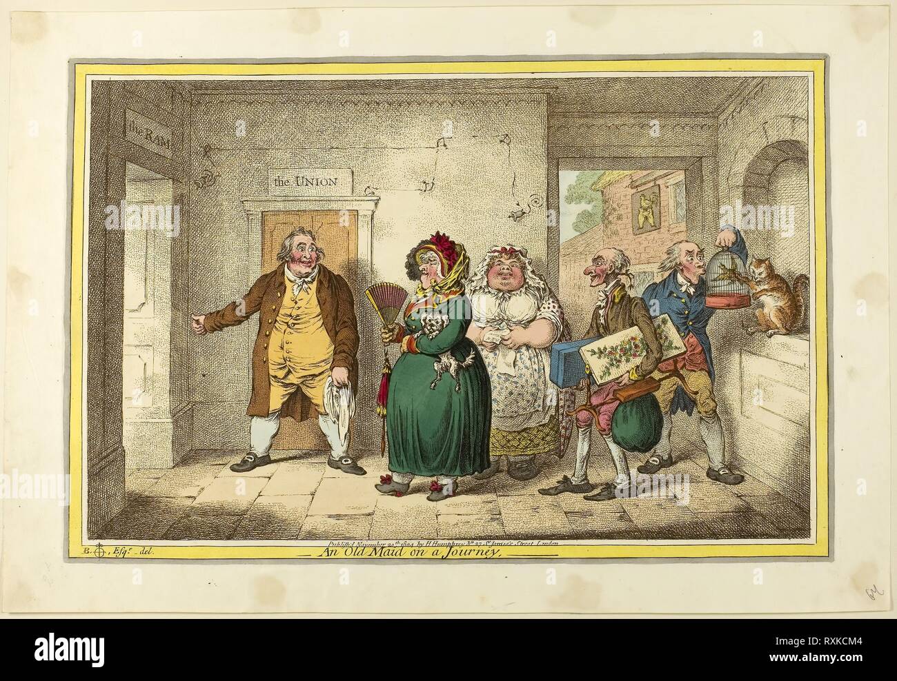 Eine alte Jungfer mit auf eine Reise. James Gillray (Englisch, 1756-1815); nach Brownlow Norden (Englisch, 1778-1829); von Hannah Humphrey (Englisch, c. veröffentlicht. 1745-1818). Datum: 1804. Abmessungen: 245 × 373 mm (Bild); 251 × 380 mm (Platte); 300 x 435 mm (Blatt). Handcolorierte Radierung auf Papier. Herkunft: England. Museum: Das Chicago Art Institute. Stockfoto