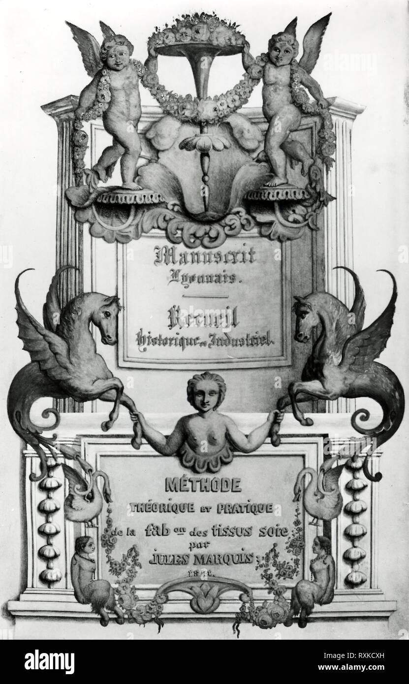 Manuscrit Lyonnais. Jules Marquis (Französisch, Aktive c. 1841); Frankreich. Datum: 1841. Abmessungen: Durchschnittliche Länge der Muster: 7,6 cm (3 in.), 5,7 cm (2 1/4 in.); 36,2 cm (14 1/4"), die durchschnittliche Breite von Muster: 10.2 cm (4 in.) und 13,3 cm (5 1/4 in.); 21.6 cm (8 1/2 in.) Messungen von Volumen: 43,5 × 30,2 × 8,1 cm (17 1/8 x 11 7/8 x 3 3/16 in.) Messungen von Bo x: 45,8 × 32,9 × 9,9 cm (18 1/8 x 13×3 7/8 in.). Seide, Satin, Gaze und anderen Webarten, einige mit Brokatartige Muster: 80 Muster; 53 Entwürfe auf dem Papier. Herkunft: Frankreich. Museum: Das Chicago Art Institute. Stockfoto