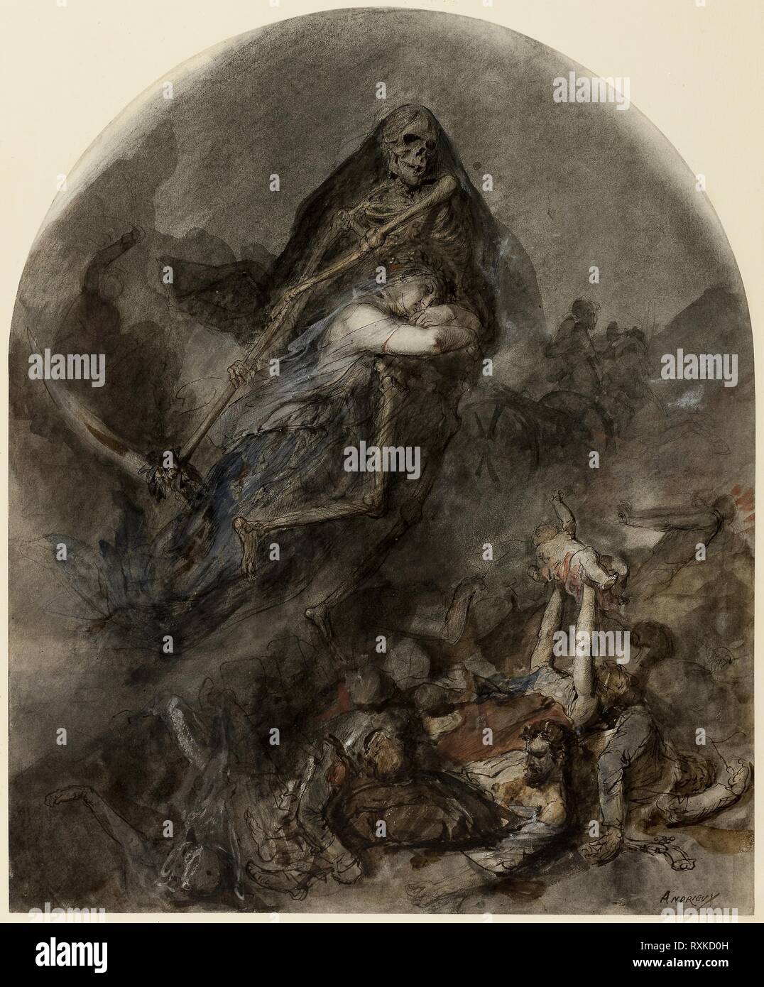 Allegorie des Todes. Clement-Auguste Andrieux; Französisch, 1829-1880. Datum: 1855-1865. Abmessungen: 456 × 375 mm. Pen und braun mit schwarzer Tinte hergestellt Chalk, opake und transparente Aquarelle, berührt der Leitung weiß und weiß Kreide, und Spuren von Rot Creme webten fabriziert Kreide auf Papier. Herkunft: Frankreich. Museum: Das Chicago Art Institute. Stockfoto