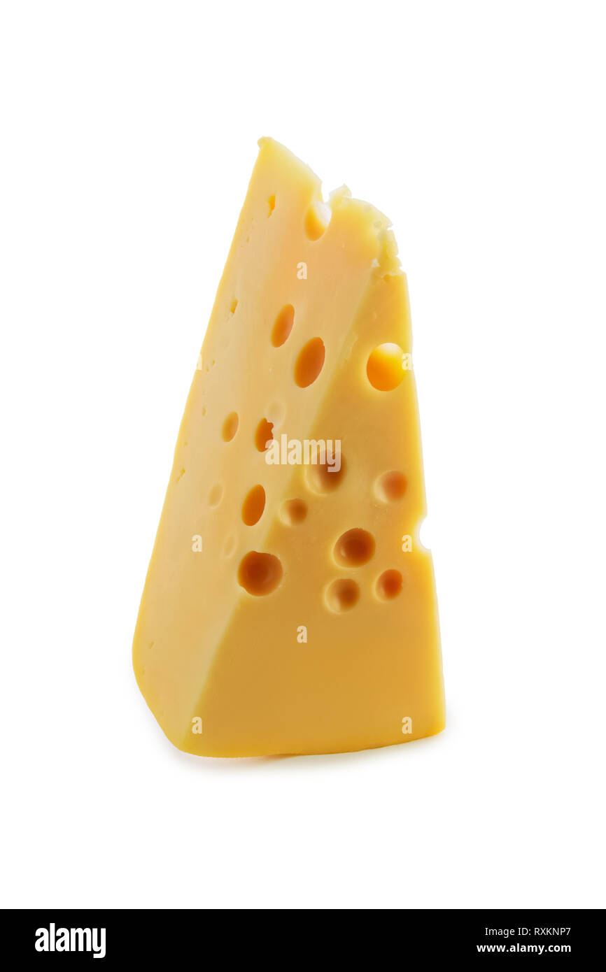 Dreieck Stück gouda Käse isoliert auf weißem Stockfoto