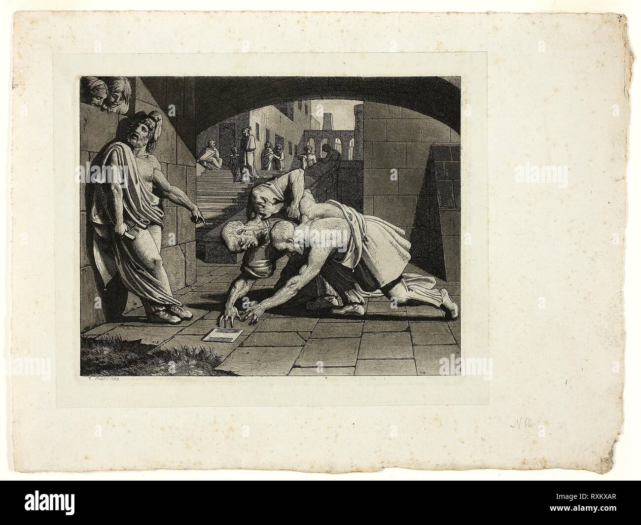 Die zwei Kahle Männer kämpfen über einen Kamm. Carl Russ; Österreichische, 1779-1843. Datum: 1809. Abmessungen: 160 x 208 mm (Platte); 183 × 225 mm (Primary Support); 238 × 321 mm (sekundäre) unterstützen. Radierung und Aquatinta in Schwarz auf Creme webte Papier, legte sich auf Elfenbein Bütten (chine collé). Herkunft: Österreich. Museum: Das Chicago Art Institute. Stockfoto