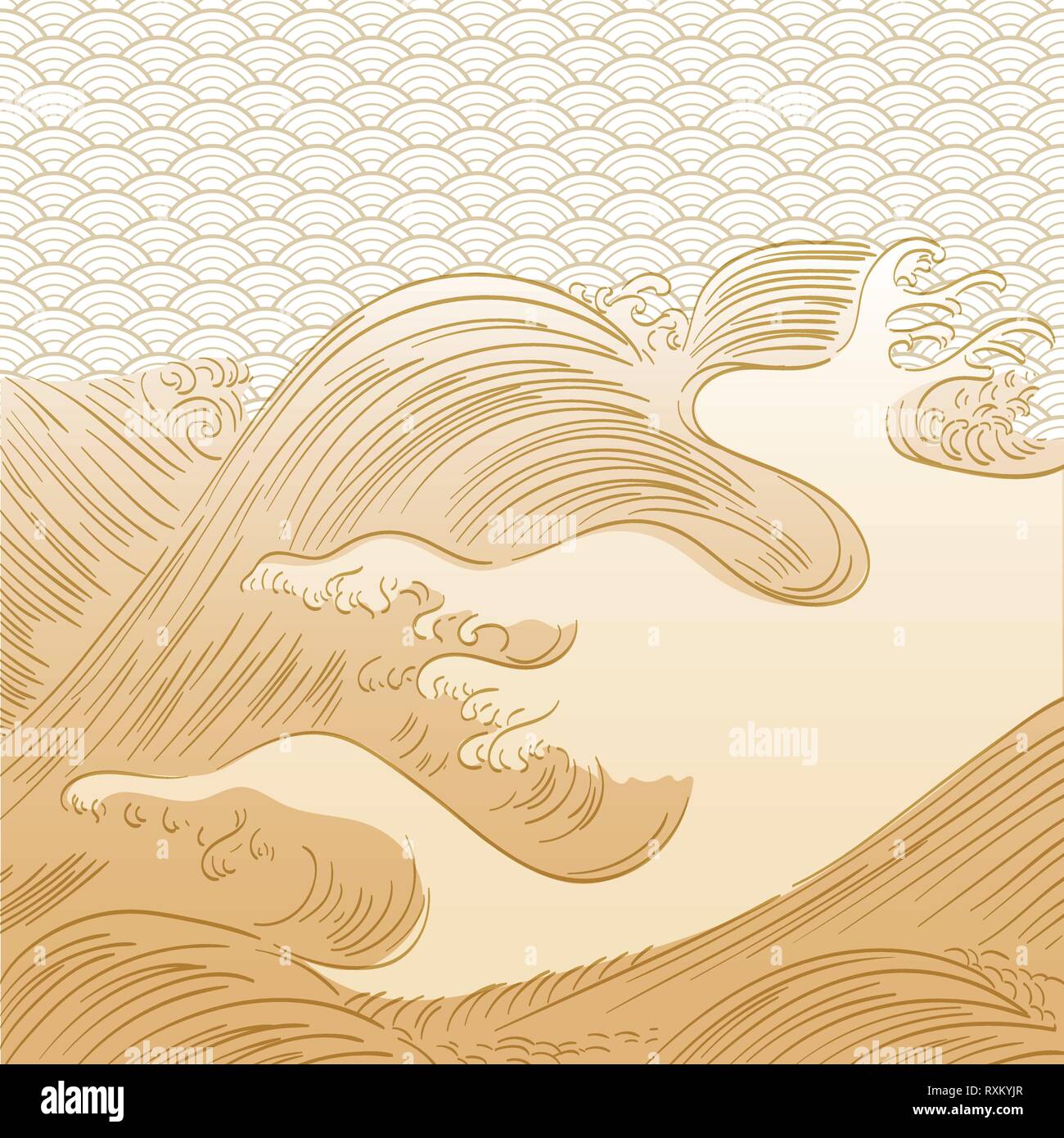 Japanische Hand gezeichnet wave Hintergrund Vektor. Gold wave Vorlage. Stock Vektor