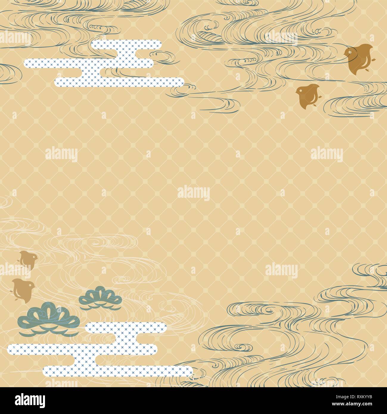 Hand gezeichnet Wave mit japanischen Vorlage Vektor. Cloud, Pinie, Vögel und Wave Elementen Hintergrund. Stock Vektor