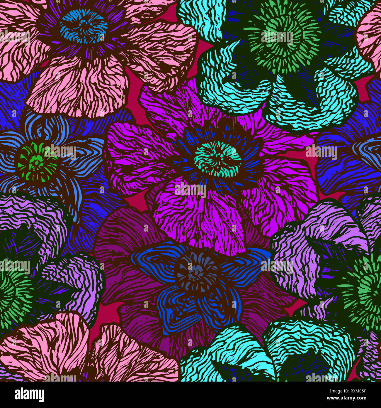 Farbenfrohe Mohn, Hand gezeichnet Doodle, Skizze in naiven, Pop Art Stil, nahtlose Muster auf lila Farben Stockfoto