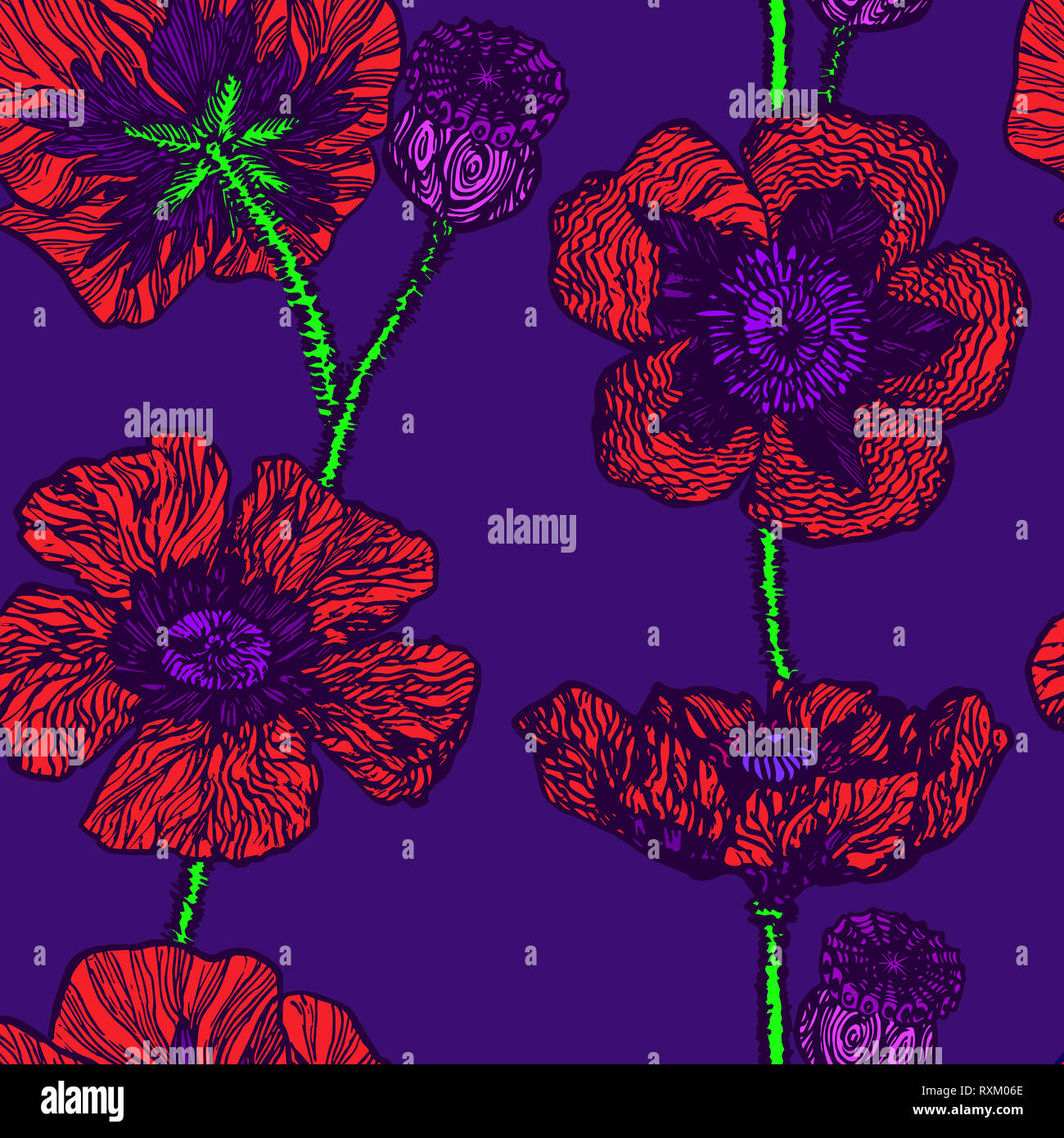 Roter Mohn, Hand gezeichnet Doodle, Skizze in naiven, Pop Art Stil, nahtlose Muster auf blauem Hintergrund Stockfoto