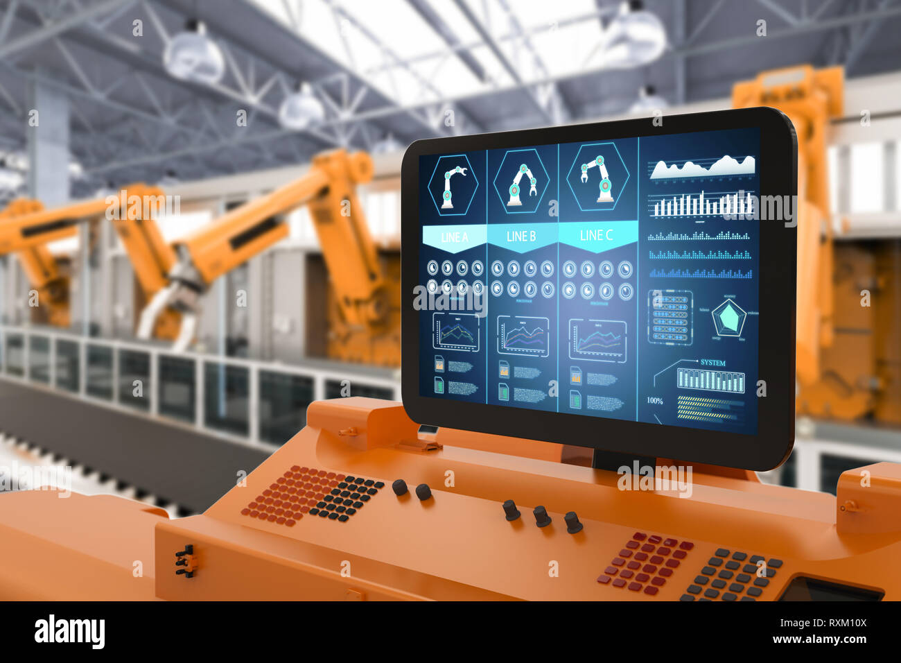 Automation factory Konzept mit 3D-rendering Control Panel mit Roboterarmen Stockfoto