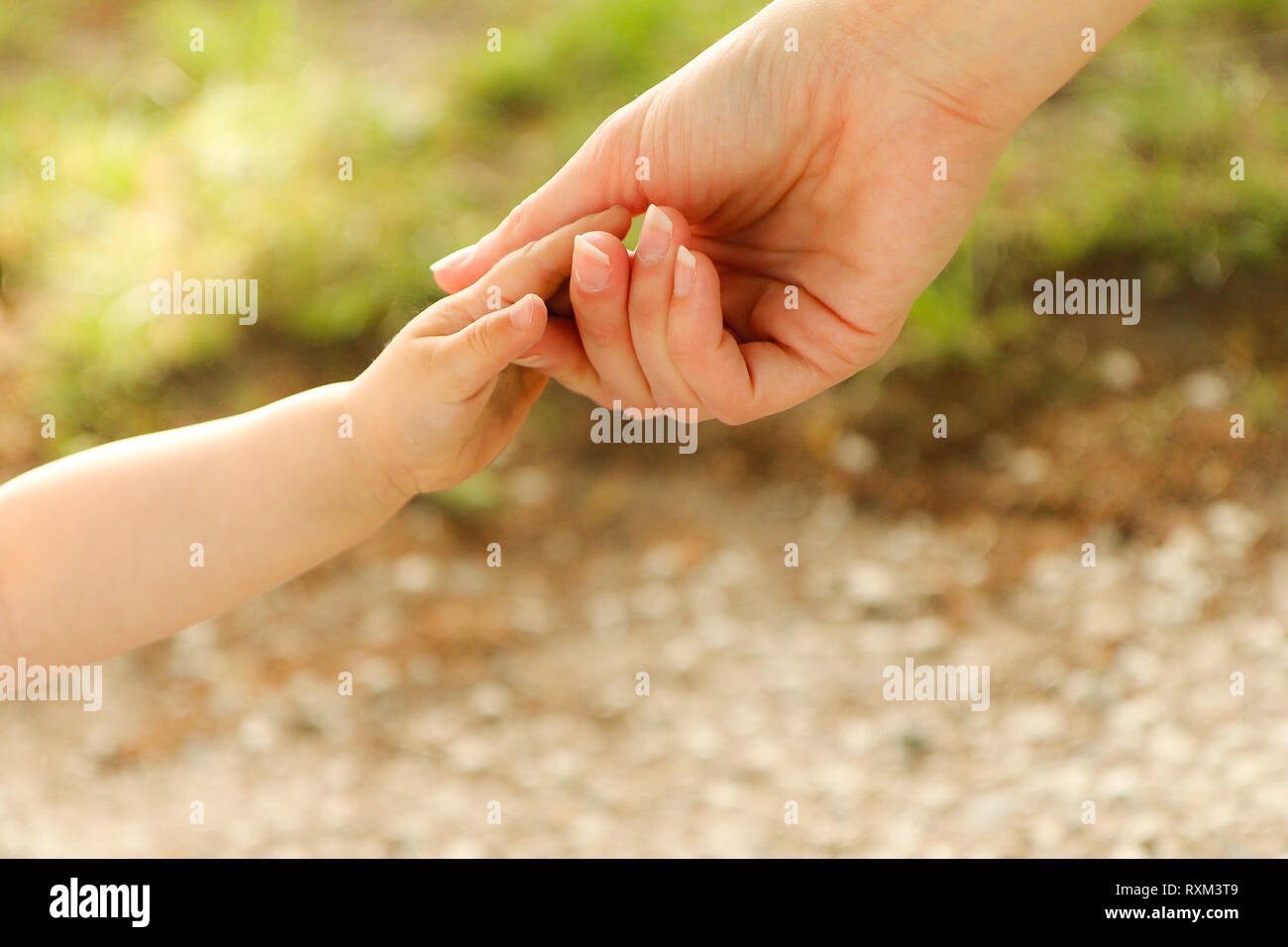 Mutter hält die Hand ihrer Babys. Eine Abbildung der Mutterschaft und Pflege. Stockfoto