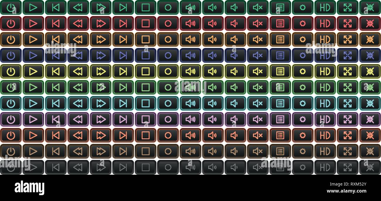 Einrichten des Media Player Buttons in Neonfarben, bunten verschiedenen Versionen Stock Vektor