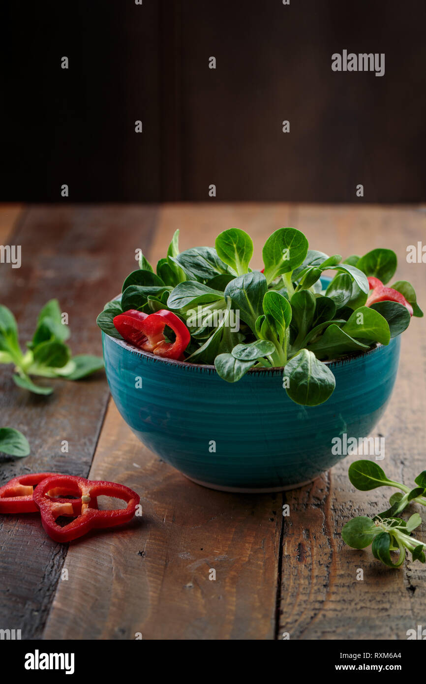 Studio Aufnahme von frischem grünen Salat mit Mais, Paprika Paprika Ringe Stockfoto