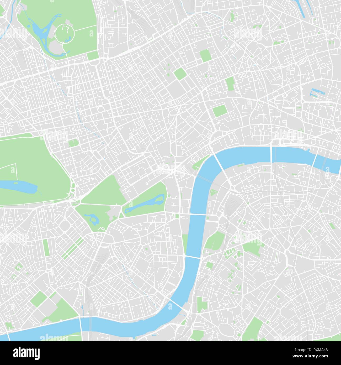 Downtown Vektorkarte von London, Vereinigtes Königreich. Diese druckbare Karte von London enthält Zeilen und klassischen farbigen Formen für die Landmasse, Parks, Wasser, maj Stock Vektor