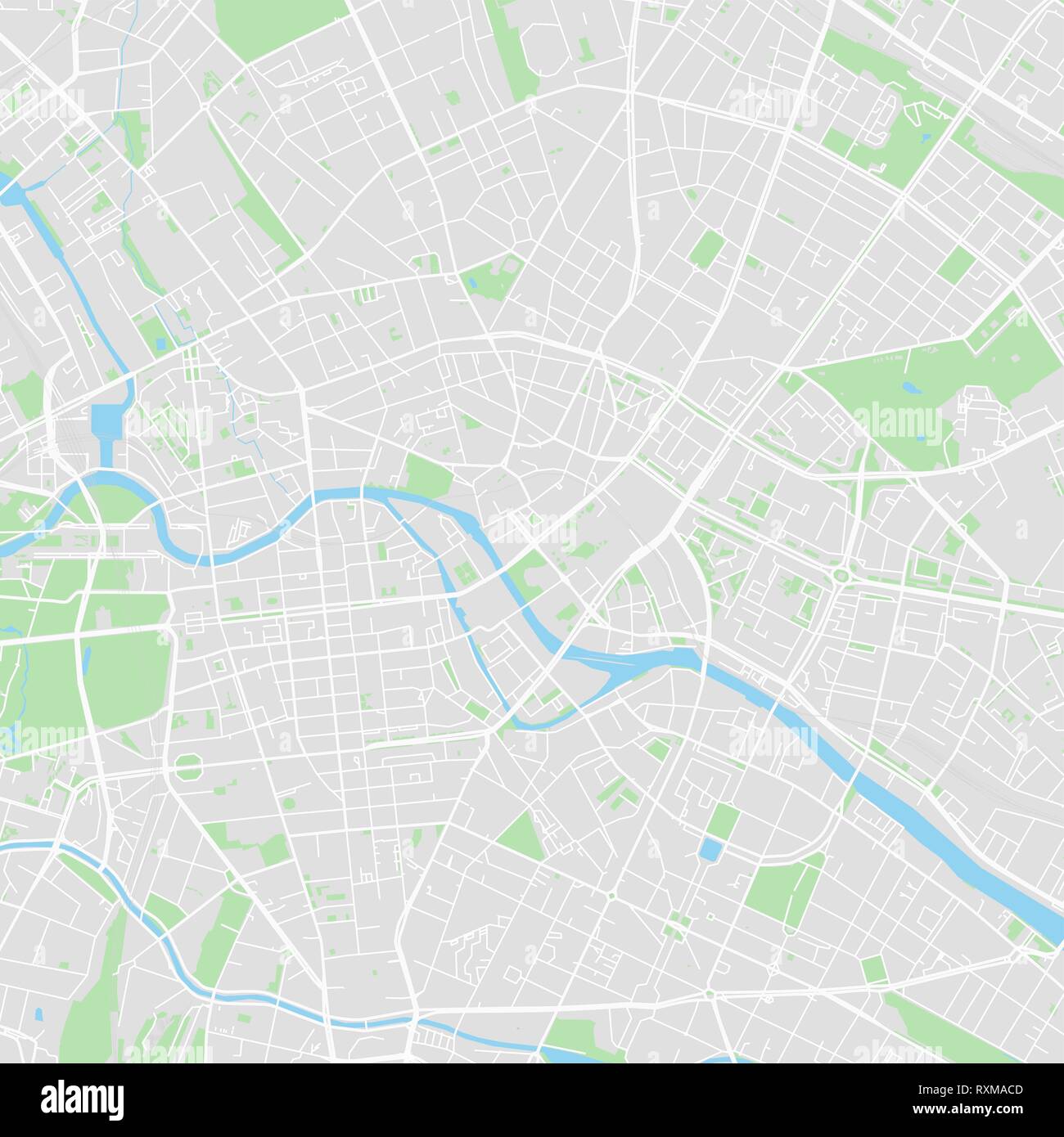 Downtown Vektor Karte von Berlin, Deutschland. Diese druckbare Karte von Berlin enthält Zeilen und klassischen farbigen Formen für die Landmasse, Parks, Wasser, Major und Stock Vektor