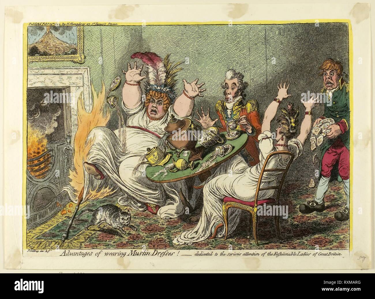 Vorteile des Tragens Musselin Kleider!. James Gillray (Englisch, 1756-1815); von Hannah Humphrey (Englisch, c. veröffentlicht. 1745-1818). Datum: 1802. Abmessungen: 241 × 347 mm (Bild); 255 × 355 mm (Platte); 285 × 395 mm (Blatt). Handcolorierte Radierung auf Papier. Herkunft: England. Museum: Das Chicago Art Institute. Stockfoto