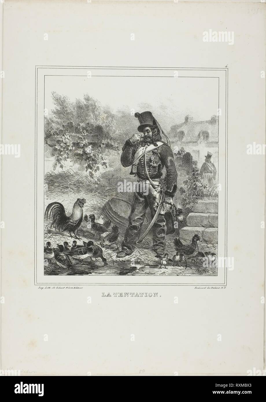 Versuchung. Denis Auguste Marie Raffet (Französisch, 1804-1860); von Chez Gihaut Frères gedruckt (Französisch, 19. Jahrhundert). Datum: 1833. Abmessungen: 197 × 187 mm (Bild); 401 × 282 mm (Blatt). Lithographie in Schwarz auf Elfenbein webte Papier. Herkunft: Frankreich. Museum: Das Chicago Art Institute. Stockfoto