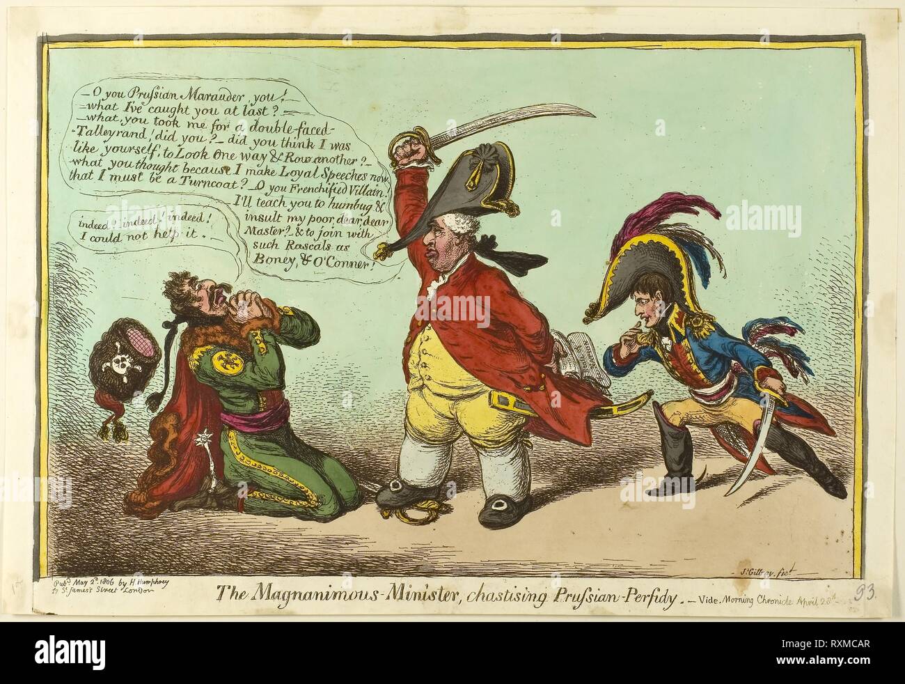 Die Magnanimous-Minister, züchtigen Prussian-Perfidy. James Gillray (Englisch, 1756-1815); von Hannah Humphrey (Englisch, c. veröffentlicht. 1745-1818). Datum: 1806. Abmessungen: 224 × 342 mm (Bild); 245 × 345 mm (Platte); 255 × 369 mm (Blatt). Handcolorierte Radierung auf Papier. Herkunft: England. Museum: Das Chicago Art Institute. Stockfoto
