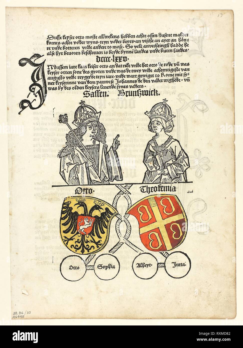 Herzog Otto von Sachsen und seine Frau, von Theokemia Sachsen-Chronik (Sächsische Chronik), Platte 33 von Holzschnitten aus Büchern des 15. Jahrhunderts. Unbekannter Künstler (Mainz, Ende 15. Jahrhundert); gedruckt und von Peter Schöffer (Deutsch, c. veröffentlicht. 1425 - C. 1503); original Text von Conrad Botho (Deutsch, Active 1475-C. 1501); portfolio Text von Wilhelm Ludwig Schreiber (Deutsch, 1855-1932). Datum: 1492. Abmessungen: 161 x 125 mm (Bild); 277 x 203 mm (Blatt). Holzschnitt in Schwarz mit farbigen Ergänzungen, und Buchdruck in Schwarz (Recto und verso), an den cremefarbenen Papier, Trinkgeld auf Creme webte Papier matte. Herkunft: Germa Stockfoto