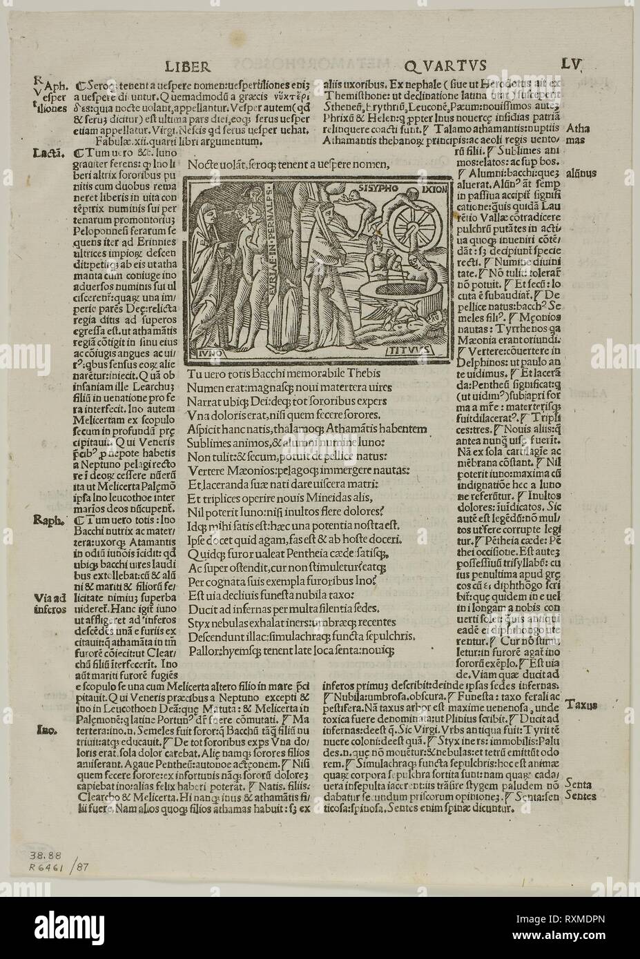 Juno im Hades aus S. Ouidij Nasonis poete ingeniosissimi Metamorphoseos Libri, Platte 87 von Holzschnitten aus Büchern aus dem 16. Jahrhundert. Unbekannter Künstler (italienisch, 16. Jahrhundert); zusammengestellt von Max Geisberg (Schweiz, 1875-1943). Datum: 1527-1528. Abmessungen: 61 x 87 mm (Bild); 243 x 182 mm (Bild/Text); 284 x 202 mm (Blatt). Holzschnitt auf Papier. Herkunft: Italien. Museum: Das Chicago Art Institute. Stockfoto