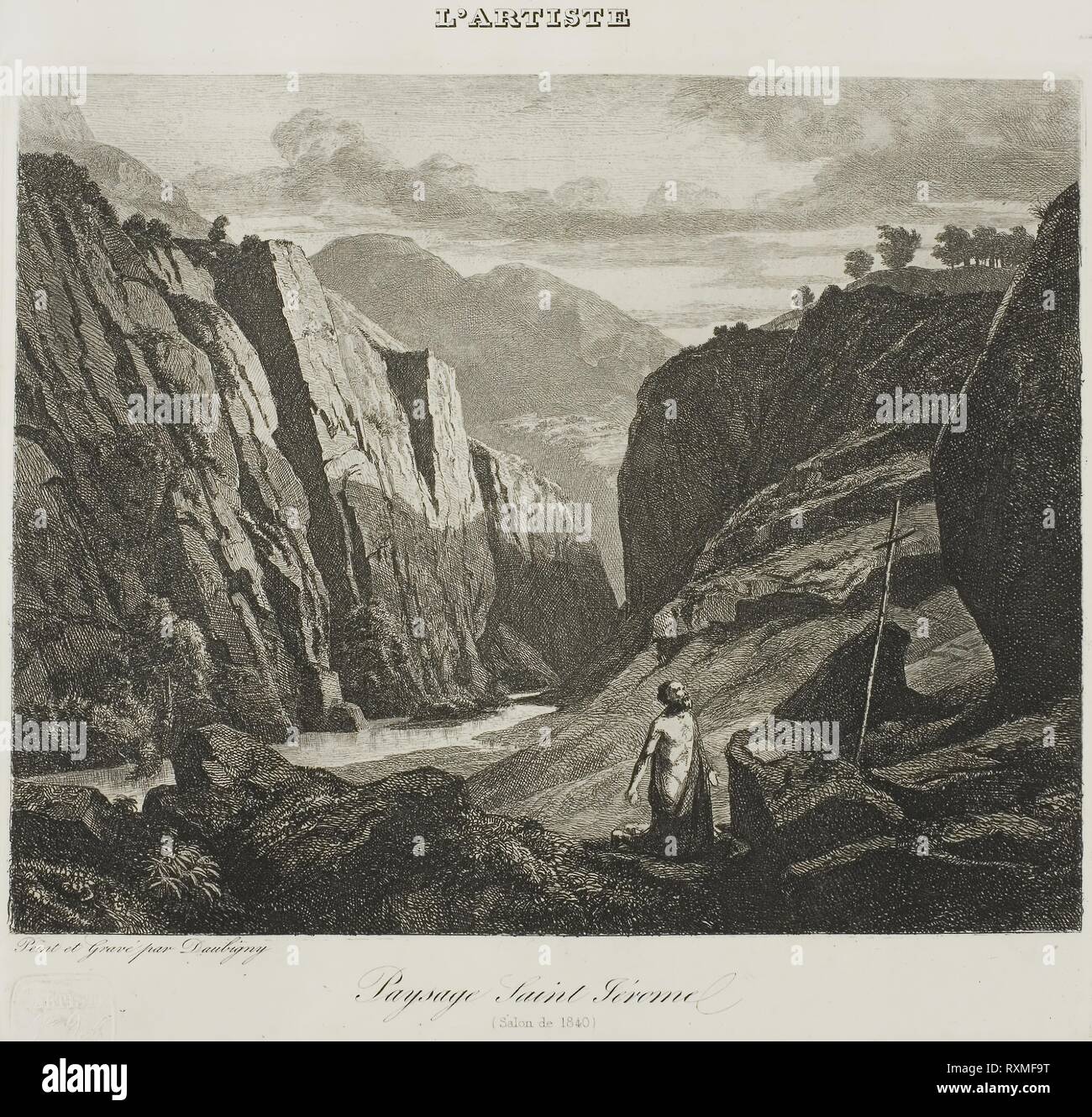 Der heilige Hieronymus. Charles François Daubigny; Französisch, 1817-1878. Datum: 1840. Abmessungen: 129 × 162 mm (Bild); 148 × 169 mm (Platte); 225 × 313 mm (Blatt). Radierung auf weißem Papier webten. Herkunft: Frankreich. Museum: Das Chicago Art Institute. Autor: Charles Francois Daubigny. Charles-Francois Daubigny. Stockfoto