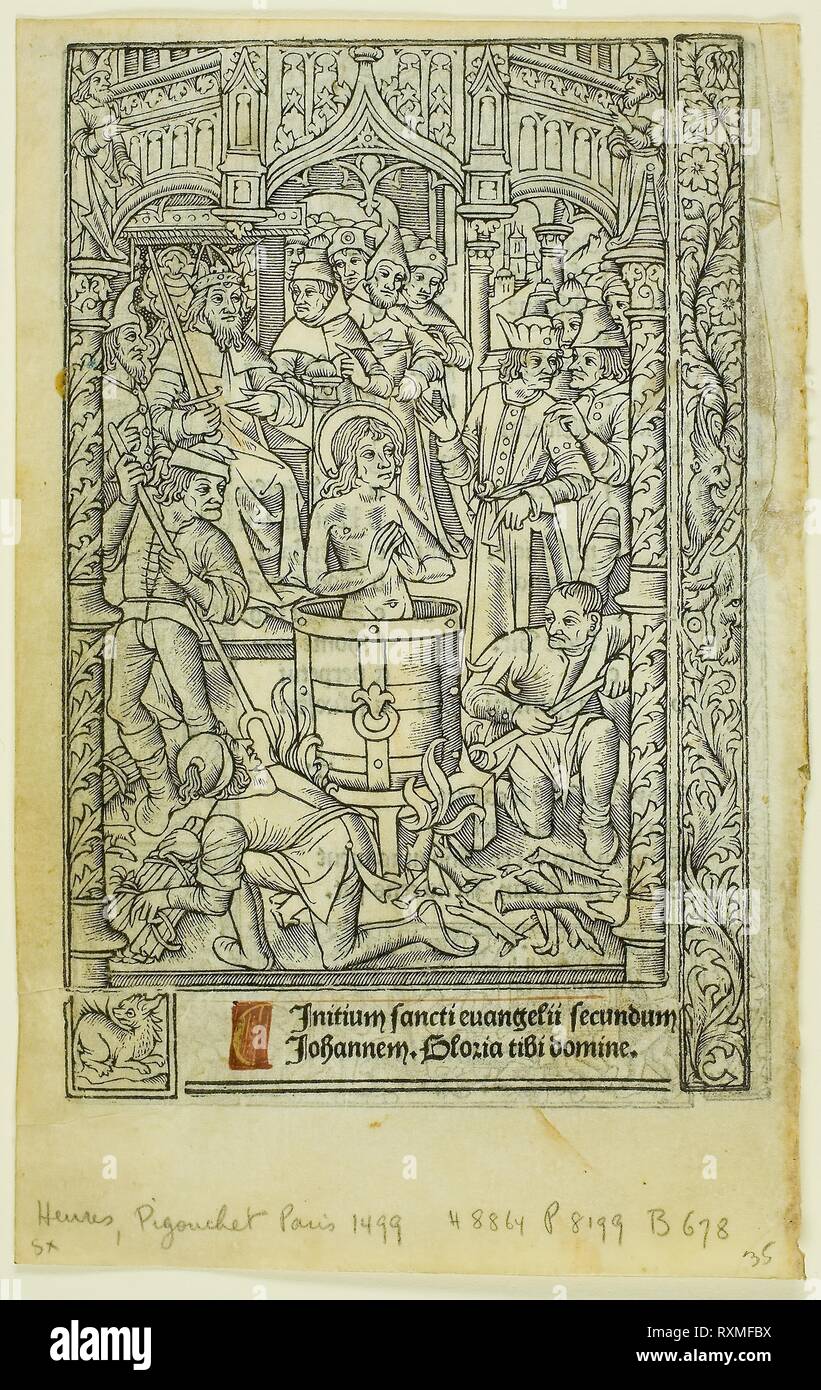 Das Martyrium des Heiligen Johannes der Evangelist (recto), und Dezember Kalender (verso), aus dem Buch von Stunden. Philippe Pigouchet (Französisch, aktive 1488-1518); veröffentlicht von Simon Vostre (Französisch, aktive 1486-1518). Datum: 1496-1497. Abmessungen: 136 × 88 mm. Metalcut und Buchdruck in Schwarz mit rubrication (recto/verso) auf Pergament. Herkunft: Frankreich. Museum: Das Chicago Art Institute. Stockfoto