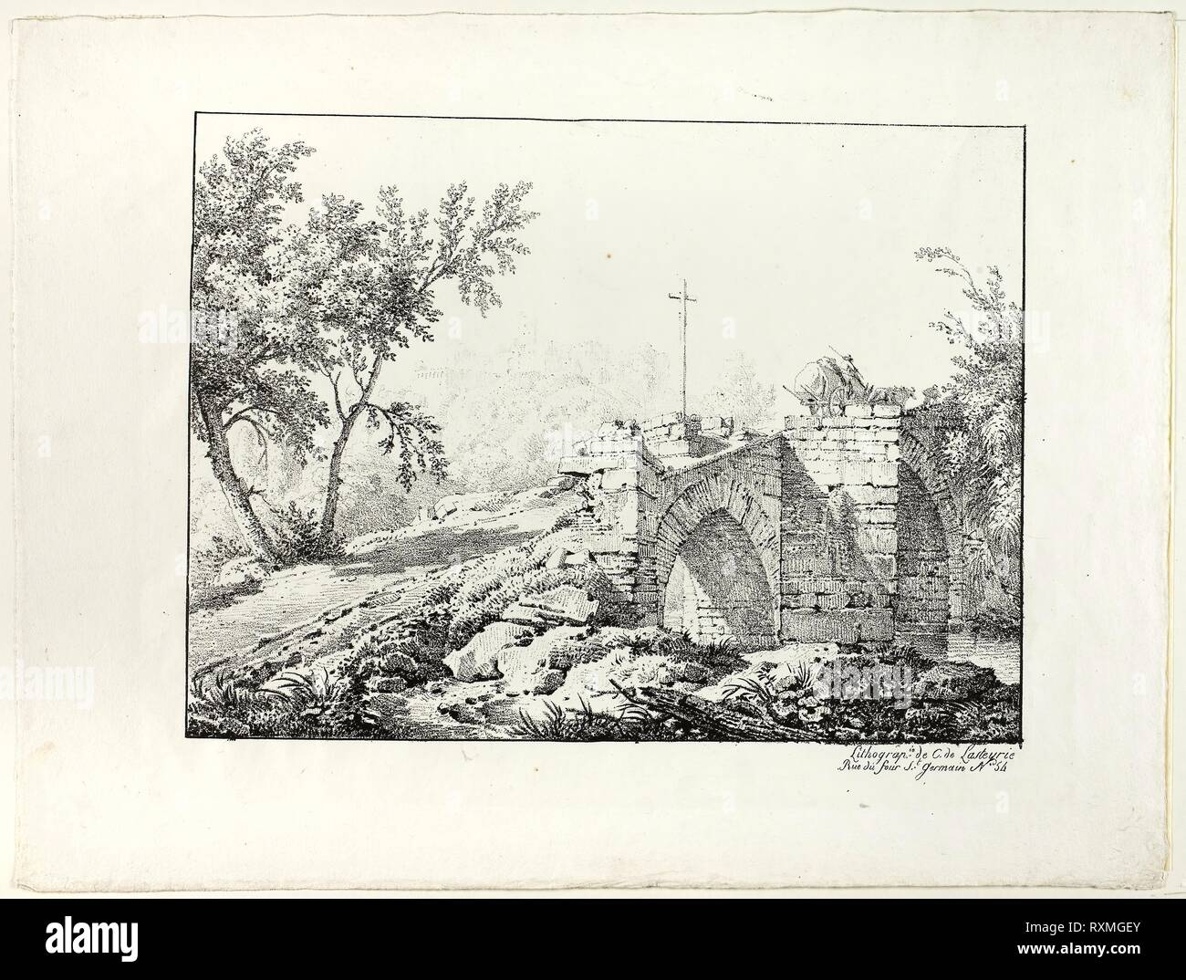 Landschaft mit Brücke. Achille Ätna Michallon (Französisch, 1796-1822); gedruckte von Comte de Charles Philibert Lasteyrie du Saillant (Französisch, 1759-1849). Datum: 1817. Abmessungen: 193 × 258 mm (Bild); 270 × 359 mm (Blatt). Lithographie in Schwarz auf Elfenbein webte Papier. Herkunft: Frankreich. Museum: Das Chicago Art Institute. Stockfoto