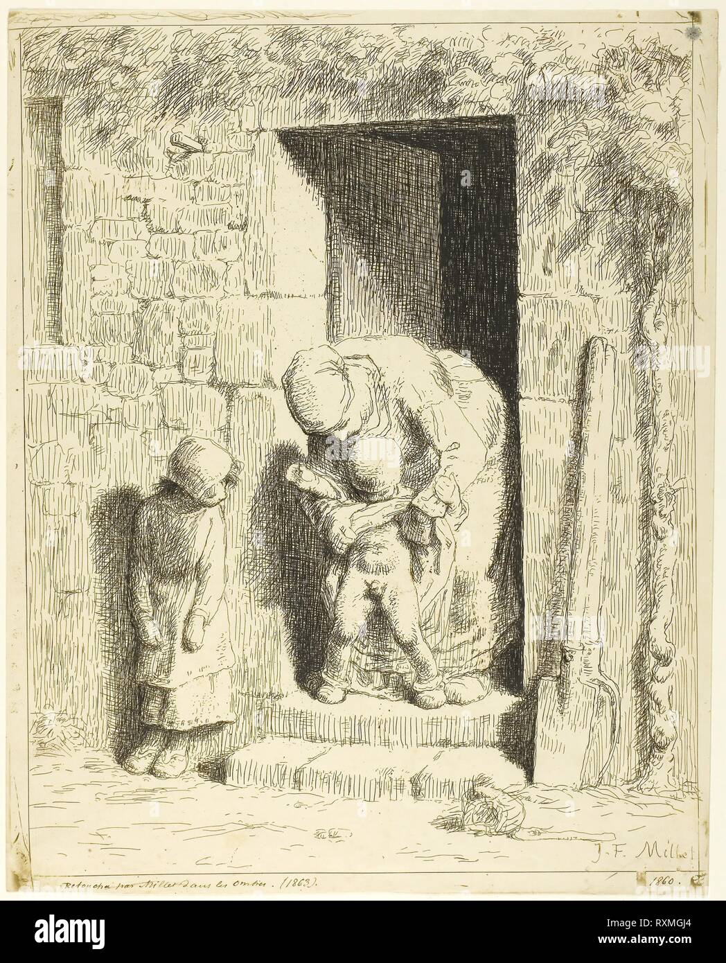 Der mütterlichen Vorsorge. Jean François Millet; Französisch, 1814-1875. Datum: 1860-1863. Abmessungen: 297 x 238 mm (Bild); 297 x 238 mm (Blatt). Cliché-verre mit dunkelbraunen Tinte auf Creme webte Foto retuschiert sensibilisierten Papier. Herkunft: Frankreich. Museum: Das Chicago Art Institute. Autor: Jean Francois Millet. Stockfoto