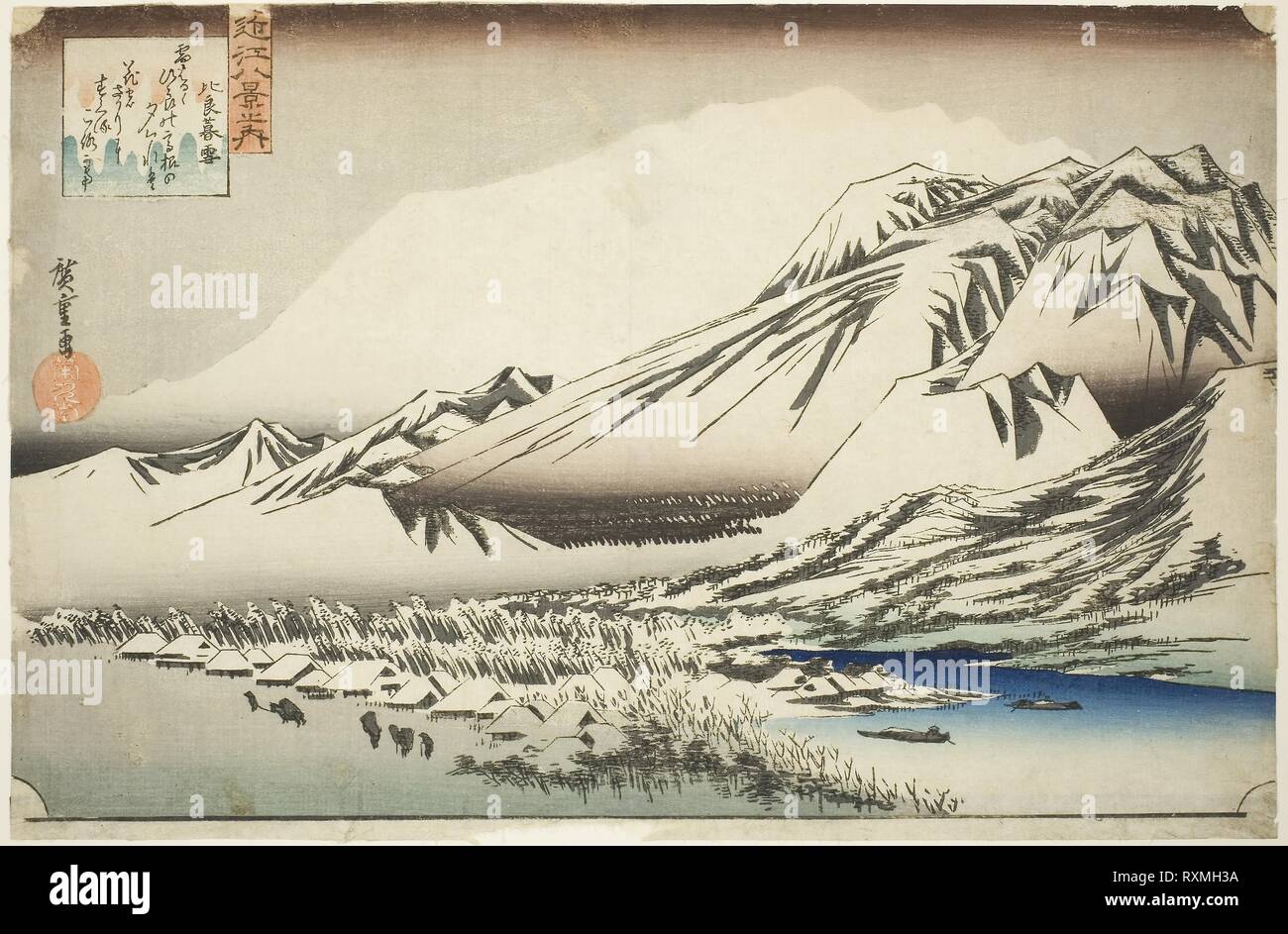 Anhaltende Schnee auf dem Berg Hira (Hira keine bosetsu), aus der Serie "Acht Ansichten von Omi Provinz (Omi hakkei no Uchi)". Utagawa Hiroshige?? ??; Japanisch, 1797-1858. Datum: 1829-1839. Abmessungen: 9 1/2 x 14 1/2 in. Farbe holzschnitt; Oban. Herkunft: Japan. Museum: Das Chicago Art Institute. Stockfoto