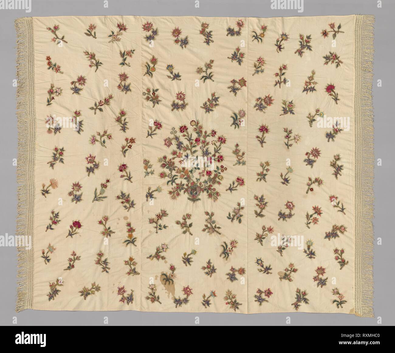 Bettdecke. In den Vereinigten Staaten. Datum: 1801-1825. Abmessungen: 226,4 x 268.6 cm (89 1/8 x 95 3/4 in.). Baumwolle, in Leinwandbindung bestickt in Wolle und Baumwolle; applizierten mit Kanten in drehte, Carefully mit großen schräge Heftungen, plattstich, schwarz Schattierung, Fishbone, Satin. Herkunft: USA. Museum: Das Chicago Art Institute. Stockfoto