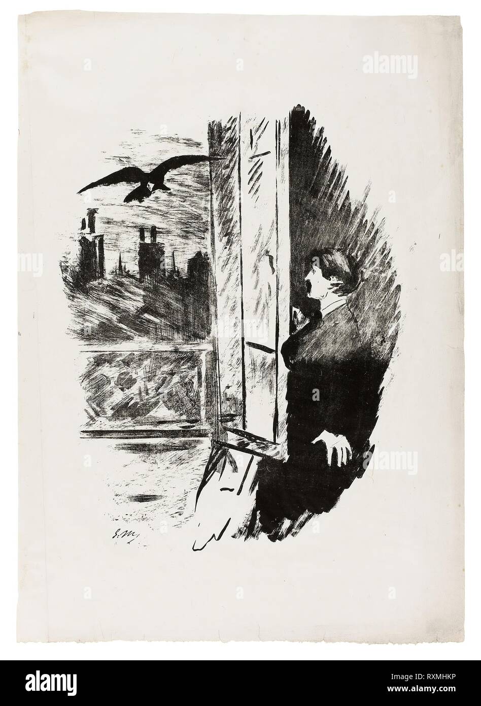 Am Fenster" (Offene hier habe ich den Auslöser geschleudert..."), von der Rabe (Le Corbeau). Édouard Manet (Französisch, 1832-1883); von Edgar Allan Poe (American, 1809-1849) geschrieben; übersetzt und von Stéphane Mallarmé (Französisch, 1842-1898); durch Lefman et Cie (Französisch, 19. Jahrhundert); gedruckt herausgegeben von Richard Lesclide (Französisch, 1825-1892). Datum: 1875. Abmessungen: 387 × 315 mm (Bild); 551 × 390 mm (Blatt). Transfer Lithographie in Schwarz auf Grau China Papier. Herkunft: Frankreich. Museum: Das Chicago Art Institute. Stockfoto