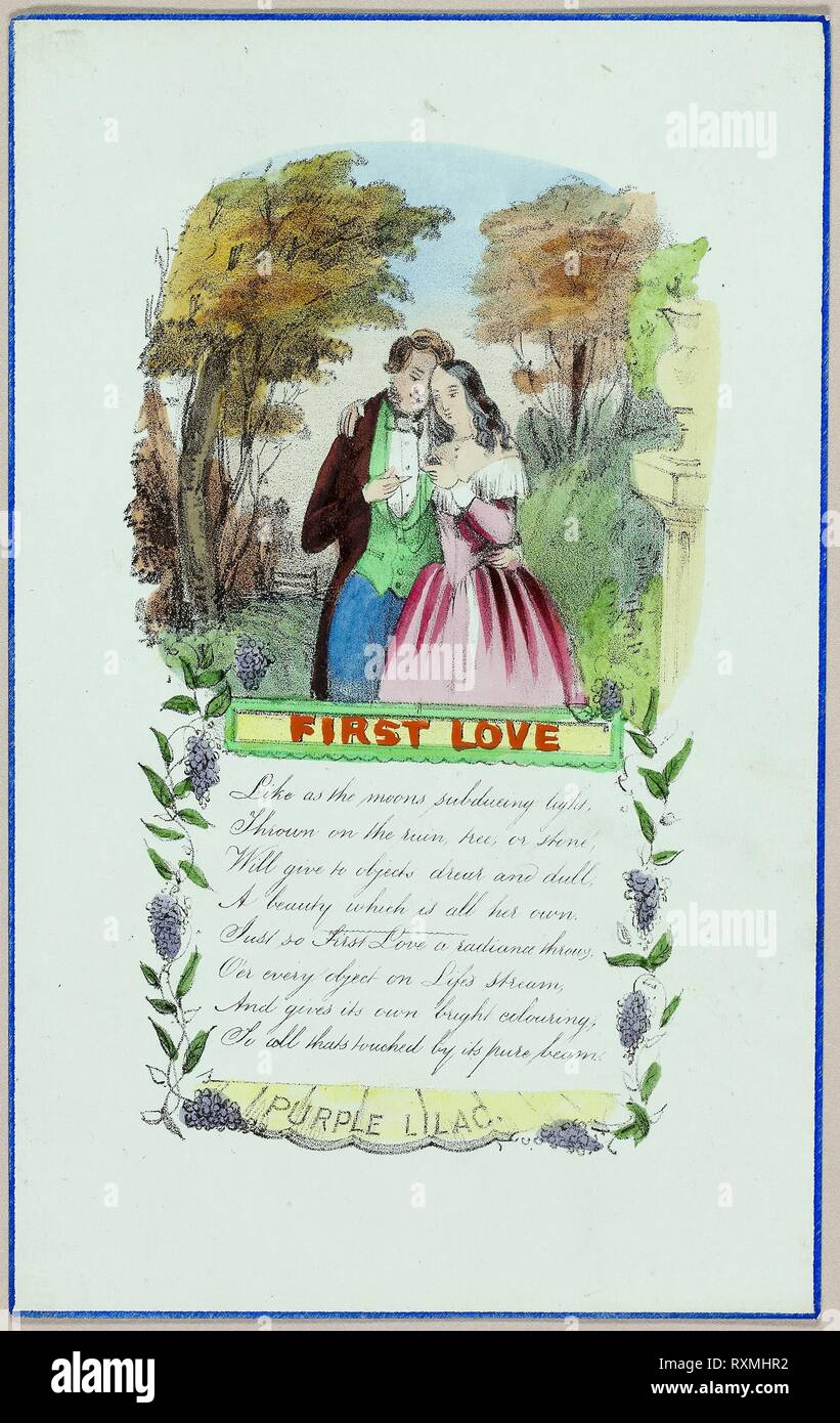 Erste Liebe (Valentinstag). Unbekannter Künstler; Englisch, 19. Datum: 1835-1845. Abmessungen: 184 × 116 mm (gefaltete Blatt). Lithographie mit hand-Färbung auf Blau-grün Bütten. Herkunft: England. Museum: Das Chicago Art Institute. Stockfoto