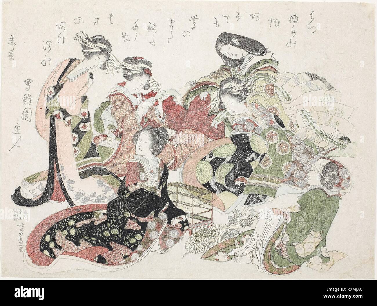 Sechs Frauen um ein Vogel Käfig sitzt. Katsushika Hokusai?? ??; Japanisch, 1760-1849. Datum: 1823. Abmessungen: 20,4 x 27,2 cm. Farbe holzschnitt; surimono. Herkunft: Japan. Museum: Das Chicago Art Institute. Stockfoto