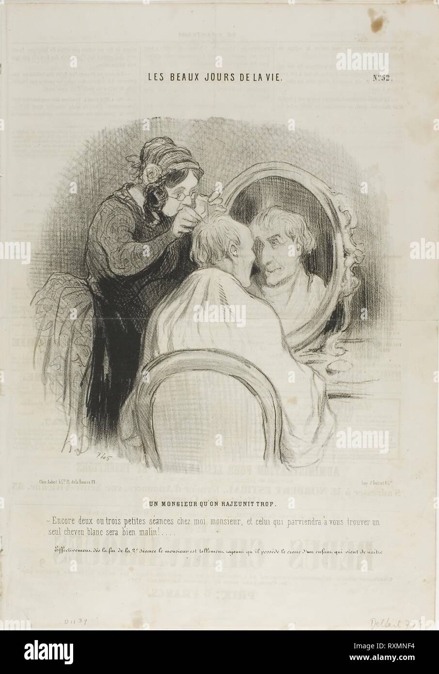 Eine übertriebene Verjüngung. "Nur zwei oder drei Sitzungen mit mir, Monsieur, und wer behauptet noch eine graue Haare auf Sie zu finden, ist eine böswillige Person." In der Tat, seit dem Ende des zweiten Sitzung, Monsieur's Kopf sieht so glänzend wie ein neugeborenes Baby, Platte 52 von Les Beaux Jours de La Vie. Honoré Victorin Daumier; Französisch, 1808-1879. Datum: 1845. Abmessungen: 205 x 211 mm (Bild); 363 × 255 mm (Blatt, gefaltet). Lithographie in Schwarz, mit Schaben auf Stein auf Creme webte Papier (Blatt gefaltet vier Seiten), mit Text in der anderen Hand und Buchdruck und recto verso hinzugefügt (whe Stockfoto