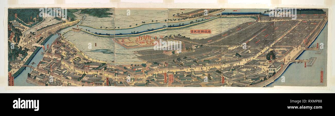 Überarbeitete Panoramablick auf Yokohama (Saikai Yokohama fukei). Utagawa Sadahide; Japanisch, 1807-1873. Datum: 1861. Abmessungen: 36,5 x 148,7 cm. Farbe holzschnitt; Oban polyptychon. Herkunft: Japan. Museum: Das Chicago Art Institute. Stockfoto