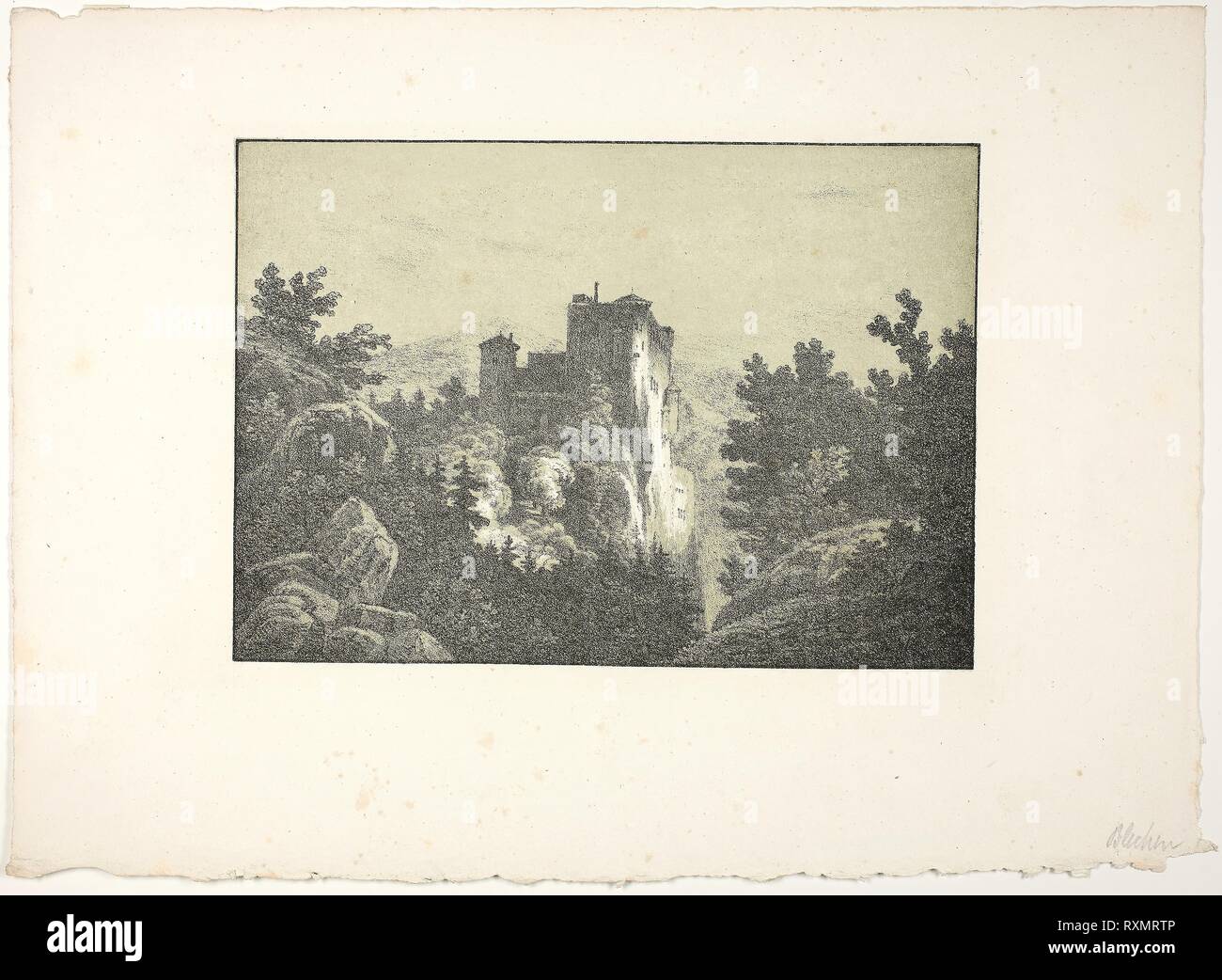 Ruinen einer Burg. Carl Blechen; Deutsch, 1798-1840. Datum: 1824-1827. Abmessungen: 154 x 218 mm (Bild); 257 x 350 mm (Blatt). Mit oliv-grünen Farbton Stein Lithographie, mit weißen Gouache verstärkt, auf Elfenbein webte Papier. Herkunft: Deutschland. Museum: Das Chicago Art Institute. Stockfoto