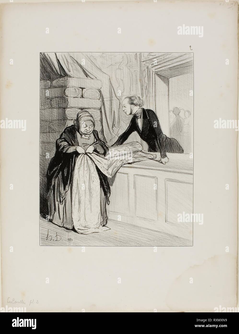 Der Verkäufer Hokuspokus. - Ein Design aus der Mode. "Diese Art von Gewebe hat eine herrliche Schatten; Madame ist der erste, den ich haben gezeigt, dass es .... alle unsere jungen Frauen beginnen sich gegenseitig auseinander zu reißen. Was für ein charmantes Design.... es wunderbare auf solch eine elegante Form.... Sie unbedingt diese Notwendigkeit, Madame schauen würde, "Platte 2 von Les Carottes. Honoré Victorin Daumier (Französisch, 1808-1879); von Aubert &Amp; Cie (Französisch, Aktive aus dem 19. Jahrhundert); später Veröffentlicht in Le Charivari (Französisch, 1832-1915); Text von Ernest Jaime (Französisch, 1802-1884). Datum: 1844. Abmessungen: 224 × 178 mm (Bild); 357 × 27. Stockfoto