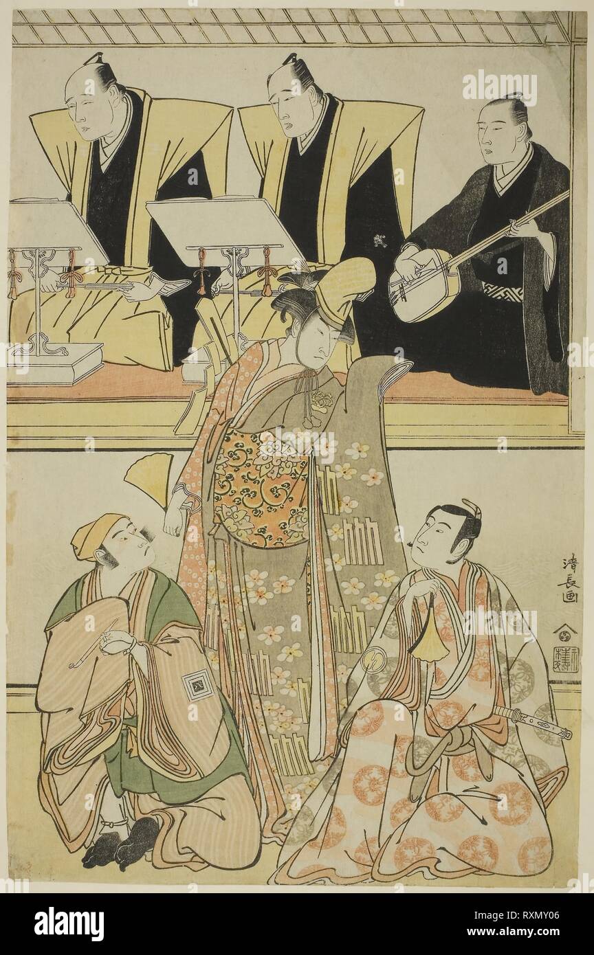 Die Schauspieler Nakayama Kojuro VI (Nakamura Nakazo I) wie Chidori, Sawamura Sojuro III als Shigemori und Ichikawa Yaozo III als Yoshibei, in der shosa Fukyoku Edo Geisha', 'am Nakamura Theater im elften Monat durchgeführt, 1785. Torii Kiyonaga; Japanisch, 1752-1815. Datum: 1785. Abmessungen: 38,4 x 24,9 cm. Farbe holzschnitt; Oban. Herkunft: Japan. Museum: Das Chicago Art Institute. Stockfoto