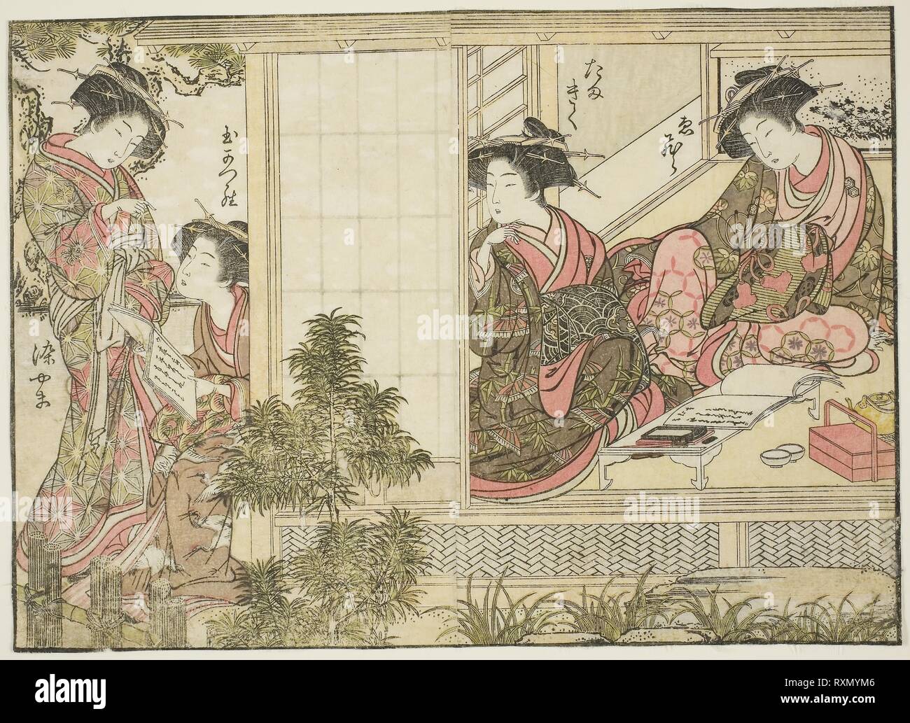 Kurtisanen von Oebuji, aus dem Buch 'Spiegeln von schönen Frauen die Freude Quartale (Seiro bijin awase sugata Kagami)", Vol. 2. Shunsho Katsukawa; Japanisch, 1726-1792; Kitao Shigemasa; Japanisch, 1739-1820. Datum: 1776. Abmessungen: 8 7/8 x 11 7/8 in. Farbe holzschnitt; Doppel-seite Abbildung: Schnitt von einem Buch. Herkunft: Japan. Museum: Das Chicago Art Institute. Stockfoto