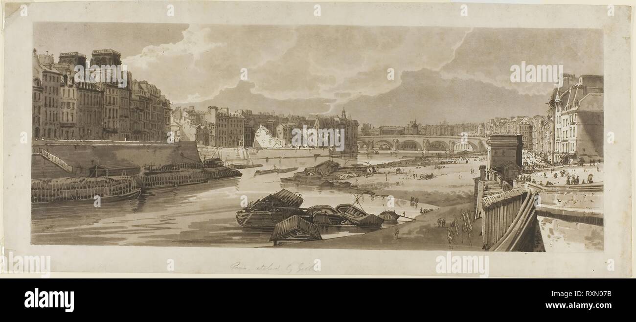 Blick auf die Stadt mit dem Louvre, etc., von Pont Marie getroffen, aus einer Auswahl von 20 der schönsten Ansichten in Paris. Thomas Girtin; Englisch, 1775-1802. Datum: 1802. Abmessungen: 185 x 474 mm (Bild/Platte); 223 x 520 mm (Blatt). Der weiche Boden ätzen, mit Aquatinta, in schwarzen und grauen Farben gedruckt, auf Creme webte Papier. Herkunft: Großbritannien. Museum: Das Chicago Art Institute. Stockfoto