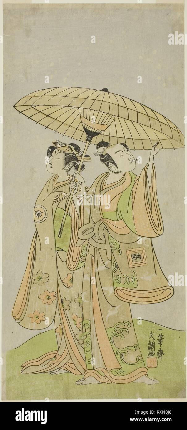 Die Schauspieler Ichikawa Komazo II als Chunagon Yukihira (rechts), und Iwai Hanshiro IV als Murasame (links), in der Spielen Kuni no Hana Ono keine Itsumoji, durchgeführt an der Nakamura Theater im elften Monat, 1771. Ippitsusai Buncho; Japanisch, Aktive c. 1755-90. Datum: 1766-1776. Abmessungen: 32,3 x 14,8 cm (12 3/4 x 5 7/8 in.). Farbe holzschnitt; hosoban. Herkunft: Japan. Museum: Das Chicago Art Institute. Stockfoto