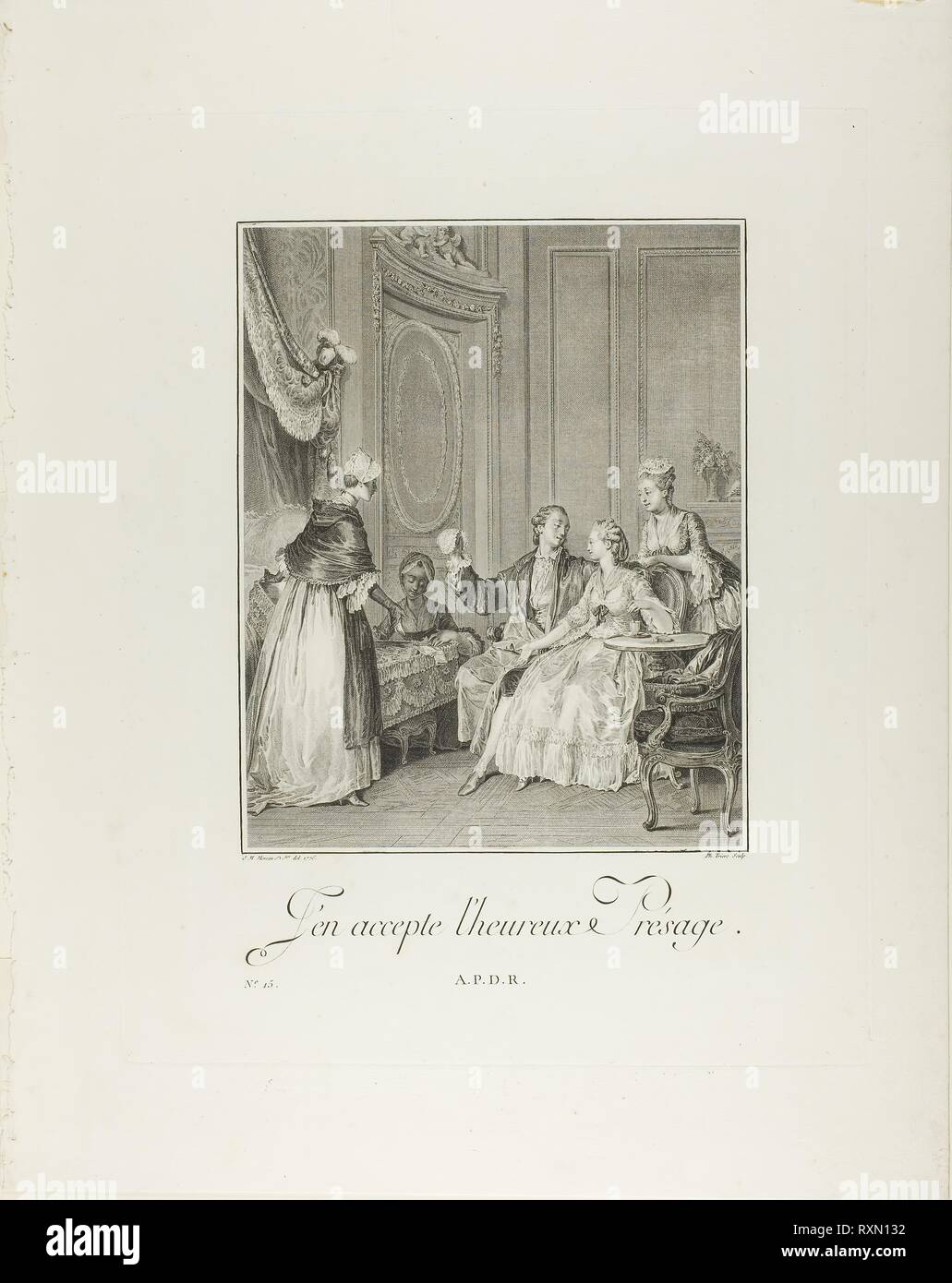 Ich akzeptiere die Glücklichen Omen, vom Monument du Costume Körperbau et Moralische de la fin du Dix-huitième siècle. Philippe Triere (Französisch, 1756 - C. 1815); nach Jean Michel Moreau (Französisch, 1741-1814); veröffentlicht durch Laurent-Fran çois Prault (Französisch 1712-1780). Datum: 1776. Abmessungen: 269 × 214 mm (Bild); 413 × 325 mm (Platte); 536 × 415 mm (Blatt, gefaltet). Gravur auf Papier. Herkunft: Frankreich. Museum: Das Chicago Art Institute. Stockfoto