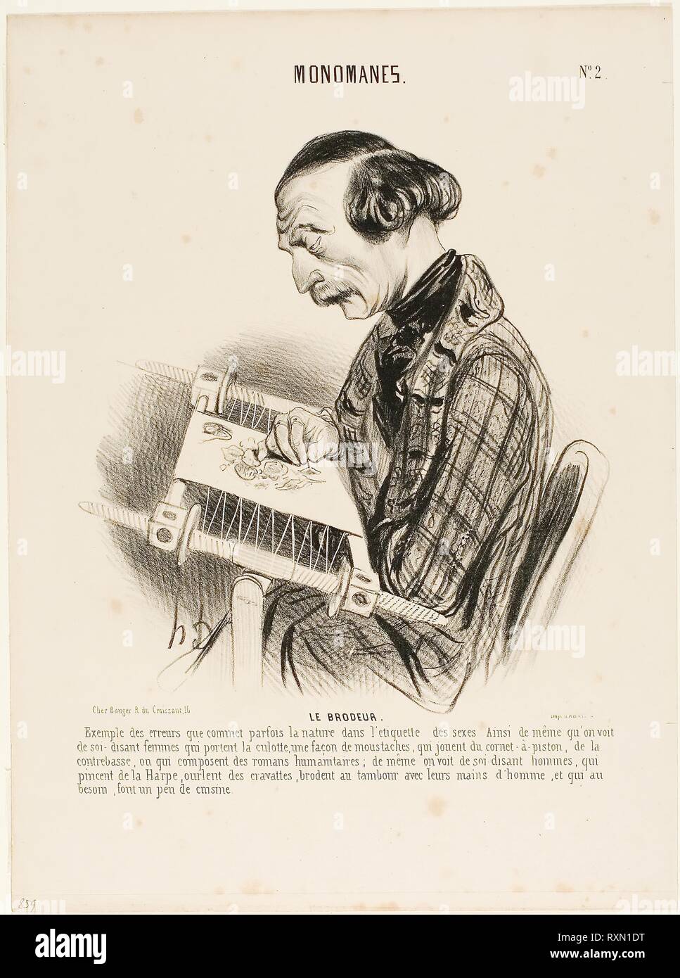 Die Sticker. Ein Beispiel für die Fehler, die Natur macht manchmal bei der Kennzeichnung der Geschlechter. Wie man sieht, die werden Frauen, die Hosen tragen, eine Art einen Schnurrbart, der ein kornett oder der Bass spielen - Gambe, oder, die komponieren humanitäre Romane, in der gleichen Weise findet man Männer, die die Harfe spielen, hohlsaum Halstücher, Sticken mit ihren Händen, und wer im Notfall wissen, wie sie ein wenig zu kochen, Platte 2 von Monomanes. Honoré Victorin Daumier; Französisch, 1808-1879. Datum: 1840. Abmessungen: 215 × 197 mm (Bild); 332 × 247 mm (Blatt). Lithographie in Schwarz auf Elfenbein webte Papier. Herkunft: Fran Stockfoto