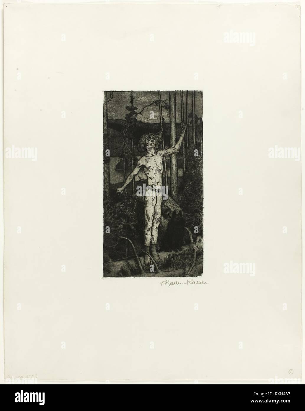 Kullervo Fluchen. Axli Gallen-Kallela; Finnisch, 1865-1931. Datum: 1896. Abmessungen: 219 × 117 mm (Bild); 225 × 123 mm (Platte); 441 × 350 mm (Blatt). Ätzen in Schwarz auf Creme webte Papier. Herkunft: Finnland. Museum: Das Chicago Art Institute. Stockfoto