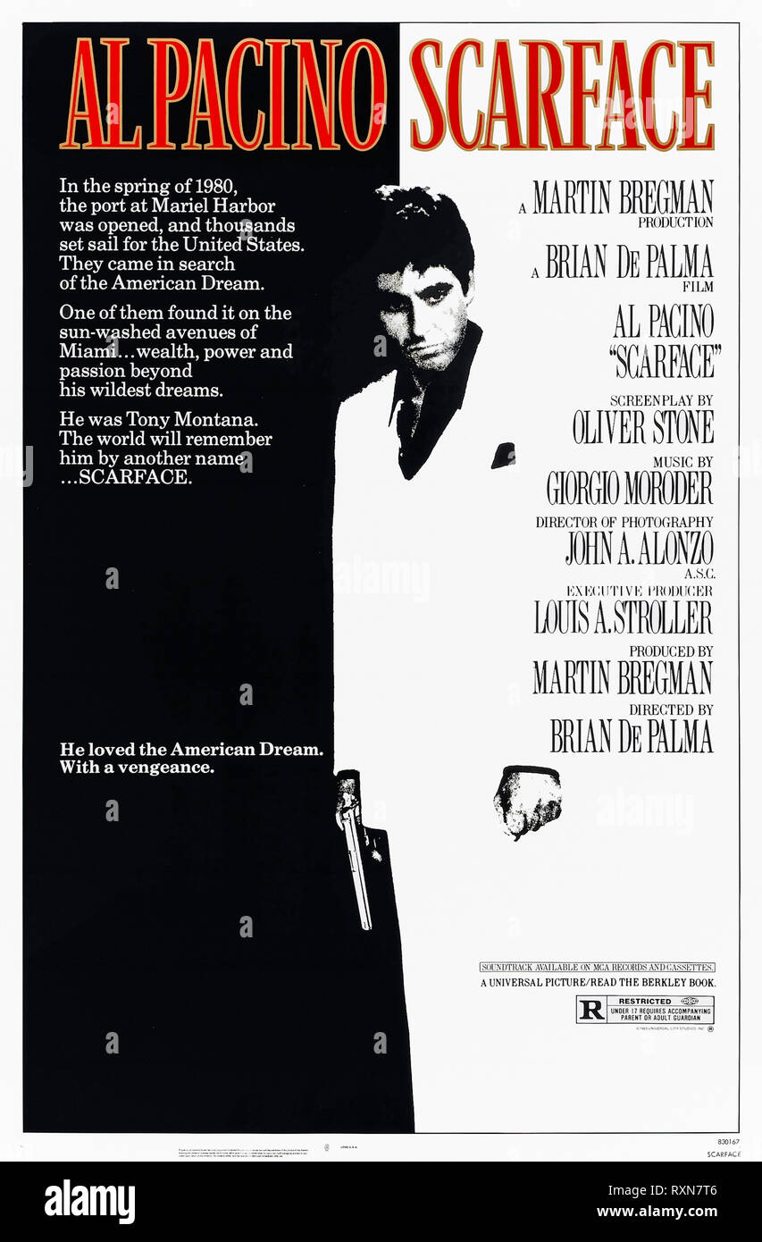 "Scarface" (1983) von Brian De Palma Regie und Hauptdarsteller Al Pacino, Michelle Pfeiffer, und Steven Bauer. Kubanische Flüchtling Tony Montana Perverts den amerikanischen Traum. Stockfoto