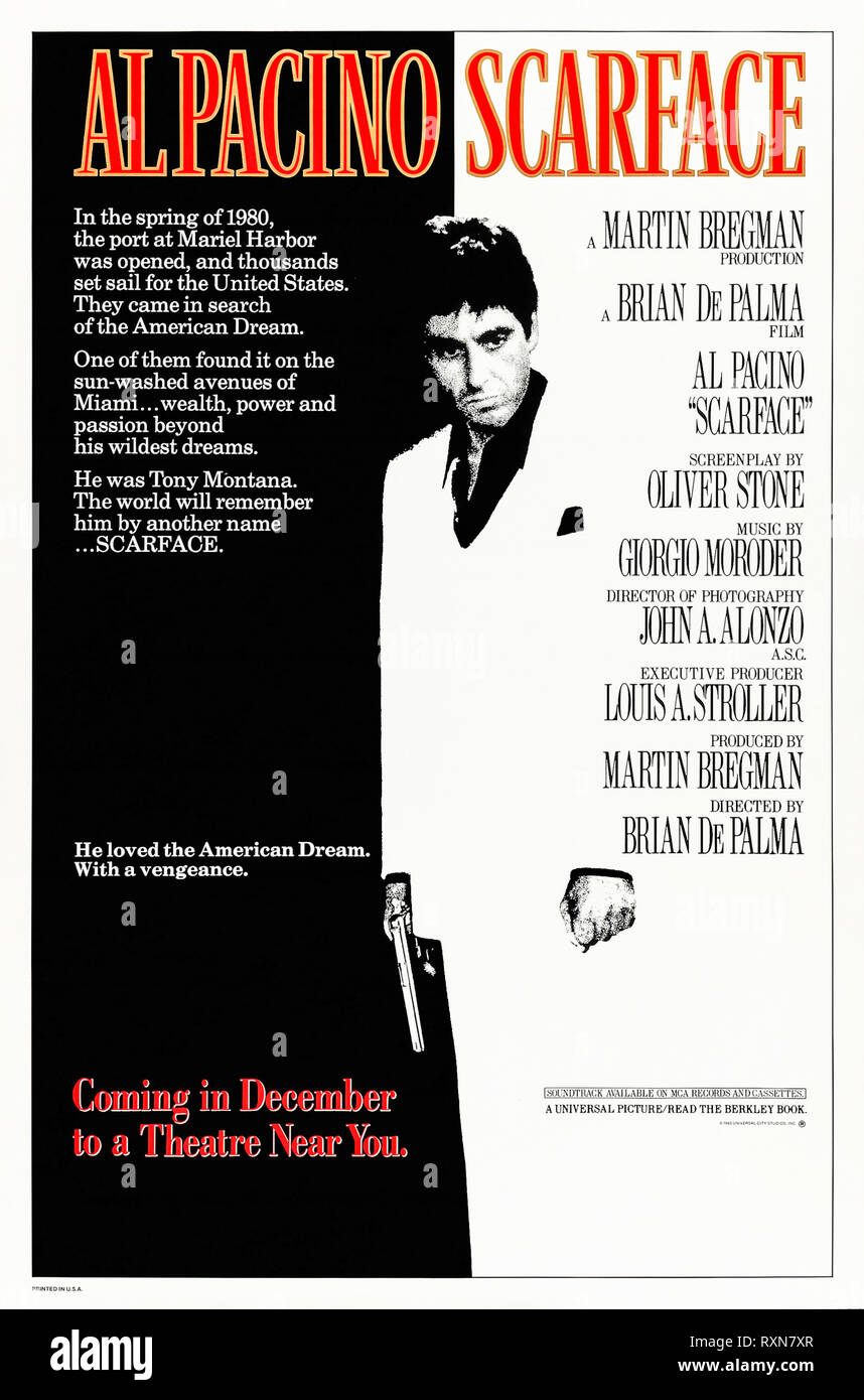 "Scarface" (1983) von Brian De Palma Regie und Hauptdarsteller Al Pacino, Michelle Pfeiffer, und Steven Bauer. Kubanische Flüchtling Tony Montana Perverts den amerikanischen Traum. Stockfoto